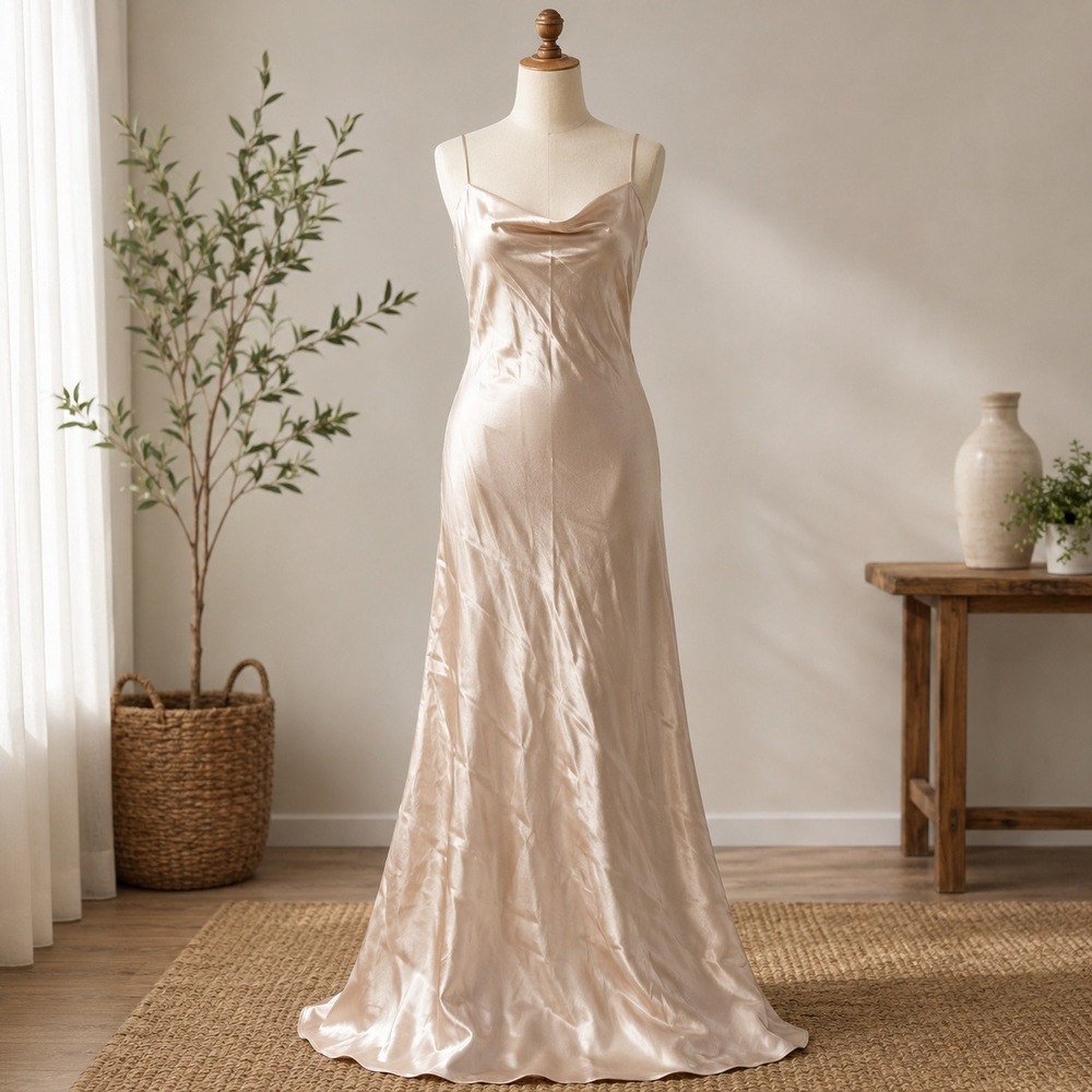 NWT Bebe x Ciara Satin Maxi Dress Medium Champagne Gold Chain Strap Formal